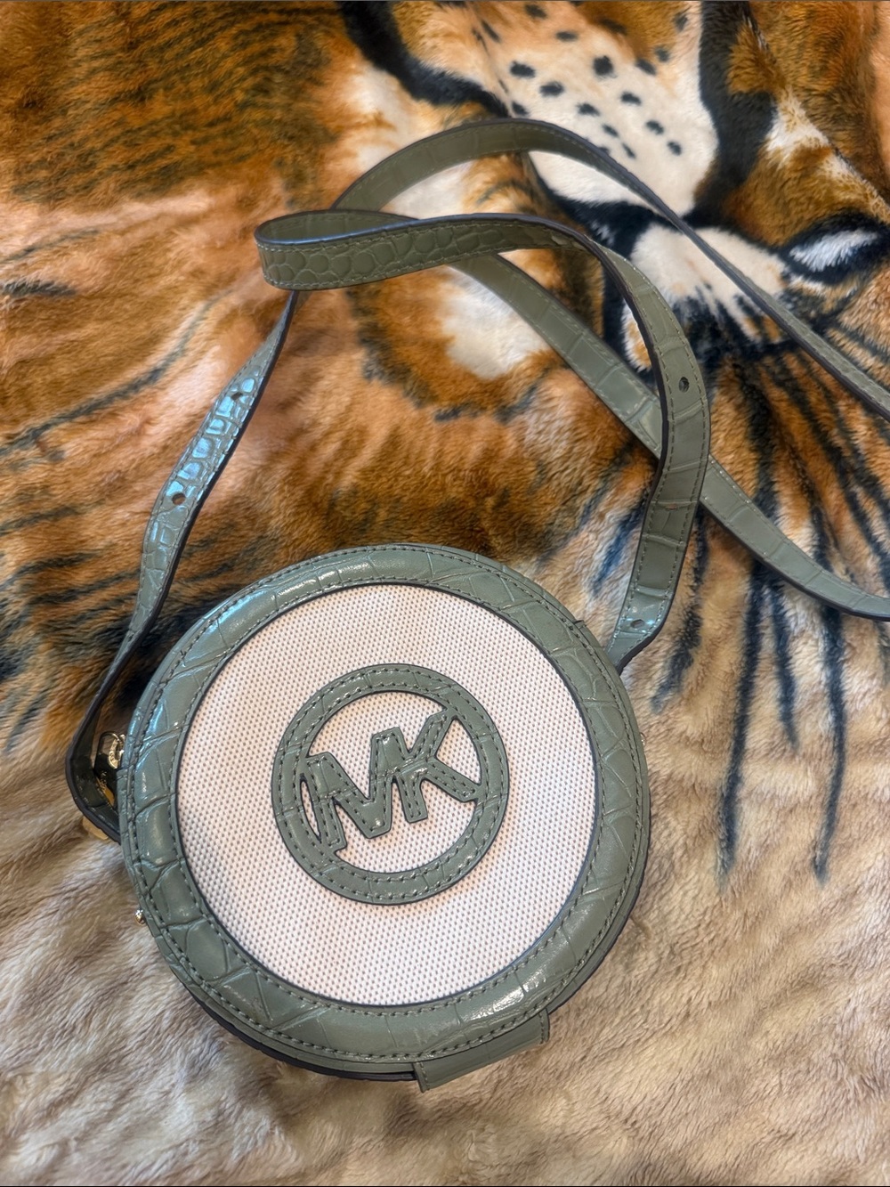 Michael Kors Olive Green and Cream MK Round Crossbody